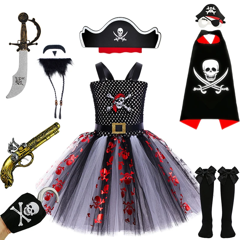 Skull Print Tulle Halter Caribbean Pirate Tutu Dress for Girls Halloween Cosplay Performance Carnival Party Children's Costume