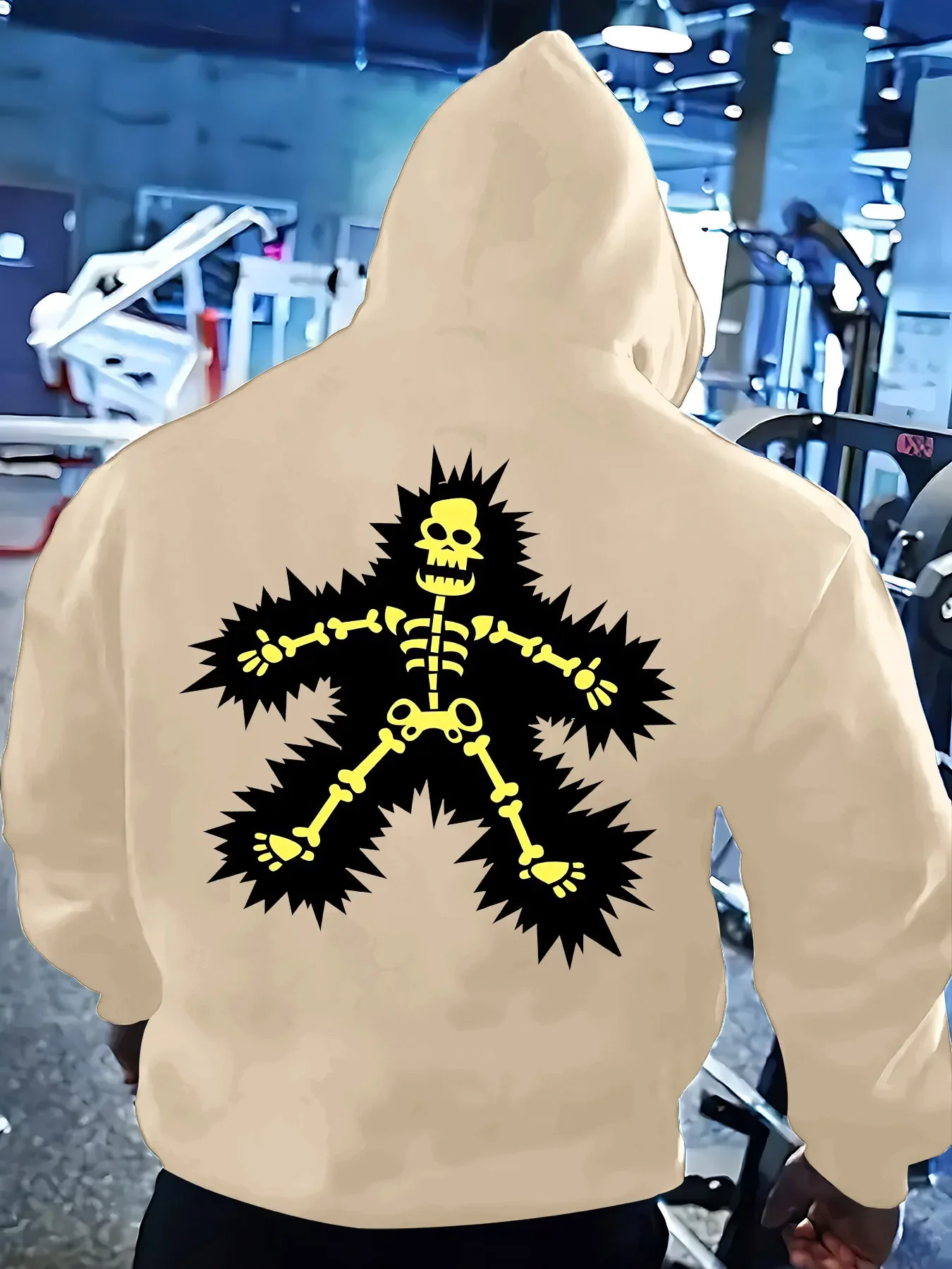 Explosion Effect Skeleton Graphic Hoodie Punk Street Style Back Print Pullover Sweatshirt Loose Fit Unisex Autumn Winter Fleece