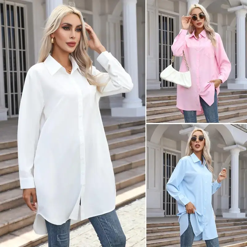 

Women's Long Sve irt Loose Fit Polyester Fabric Regular Sve Length Pure Color Pattern Splice Proc Autumn Season
