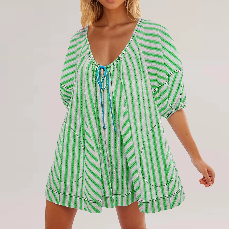 

New 2024 Summer Striped Print Loose Shorts Jumpsuit Ladies Sexy V Neck Lace Up Beach Playsuit Fashion Puff Sleeve Pocket Romper