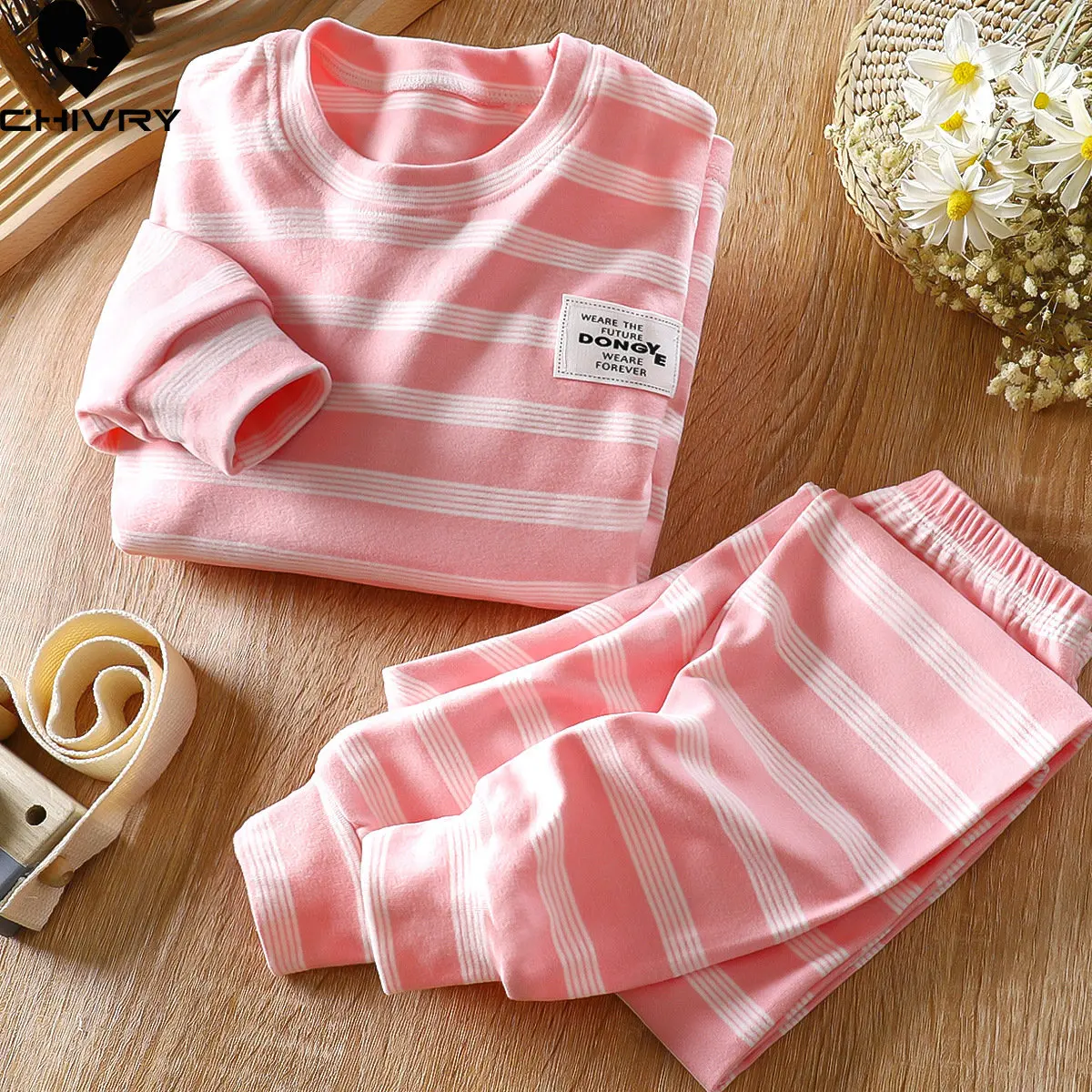 Pijamas de dibujos animados para niños y niñas, camiseta cálida a rayas con pantalones, conjuntos de ropa de dormir para jóvenes, otoño e invierno, novedad