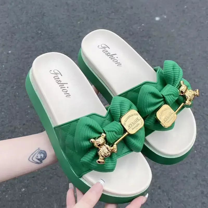 New Fashion Bowknot Women\'s Slippers Summer Women Slippers Indoor Outdoor Green Flip Flops Beach Shoe Home Non-slip EVA Slippers