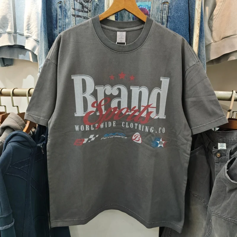 

Vintage Distressed Heavyweight Cotton T-Shirt Men Sport Graphic Oversized Casual Streetwear Top