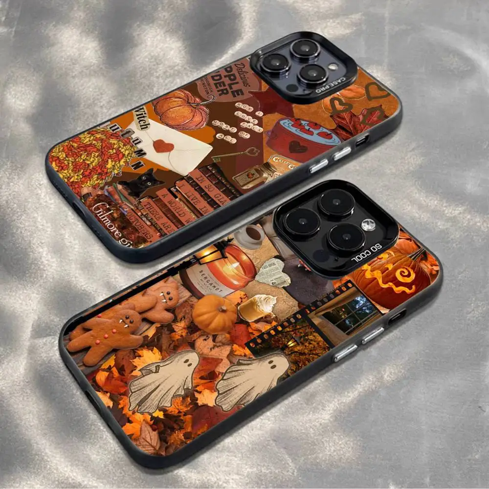 

Autumn leaves pumpkin Phone Case For iPhone17,16,15,14,13,12,11,Mini,Pro,MAX,plus,Black Matte Shockproof Cover