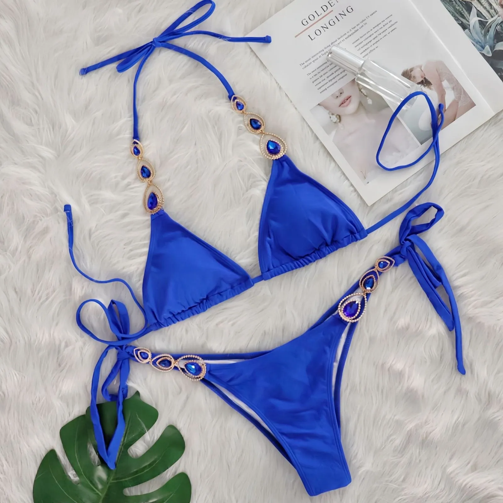 2025 Sexy Bikini Set Rhinestone Halter Lace Up Biquini Women Bathing Suit Crystal Diamond Brazilian Thong Bathing Suits Swimwear