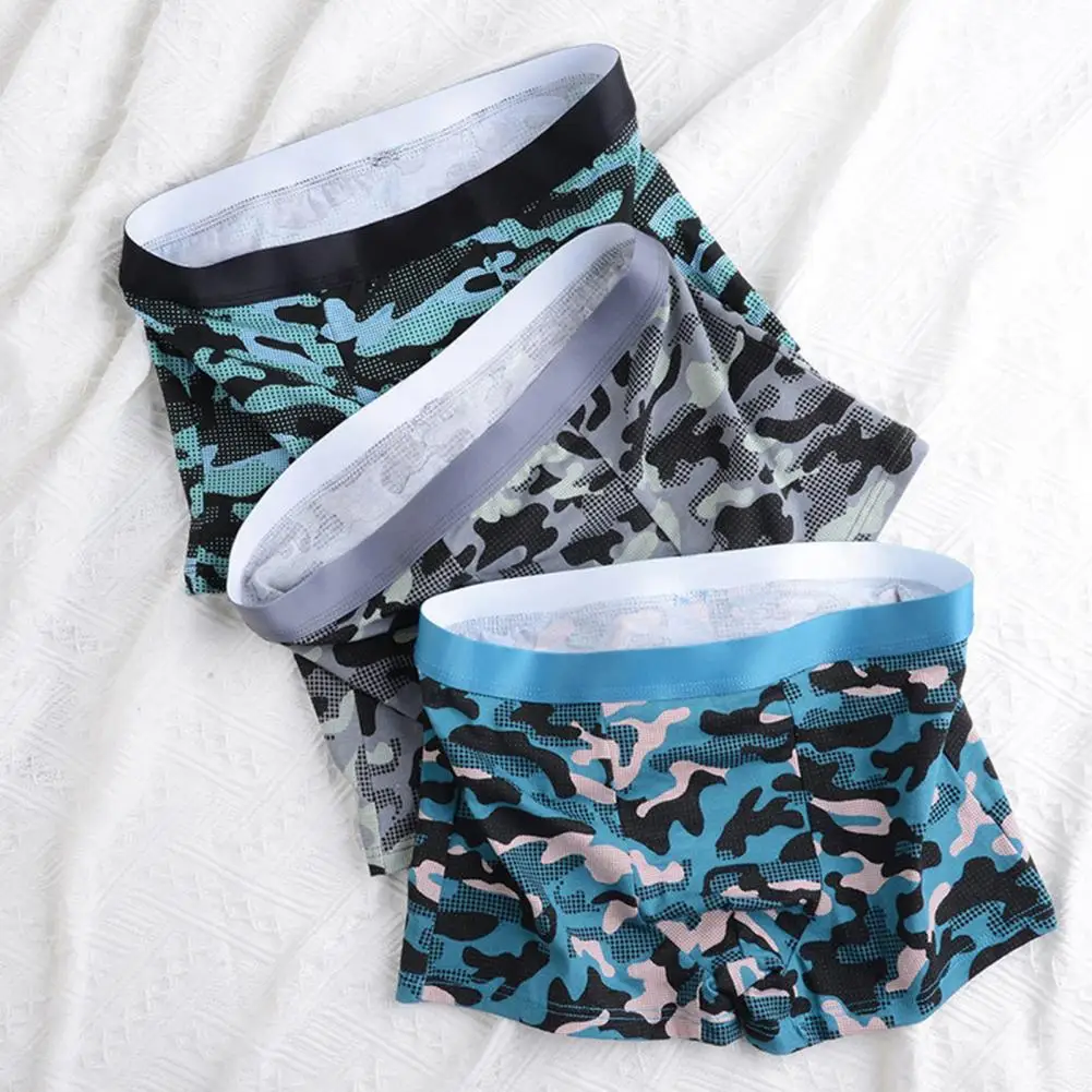 Wide Belt Underpants Camouflage Print Men's Boxers Soft Breathable Quick Dry Underwear with U Convex Design Anti-septic