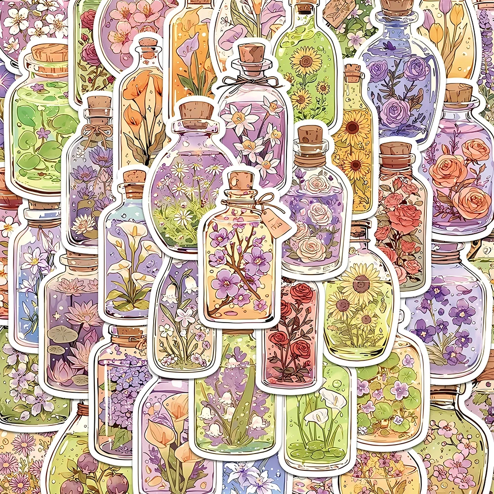 

10/30/50PCS INS Flower Glass Bottle Cartoon Stickers DIY Skateboard Stationery Suitcase Aesthetic Cute Waterproof Sticker Decor