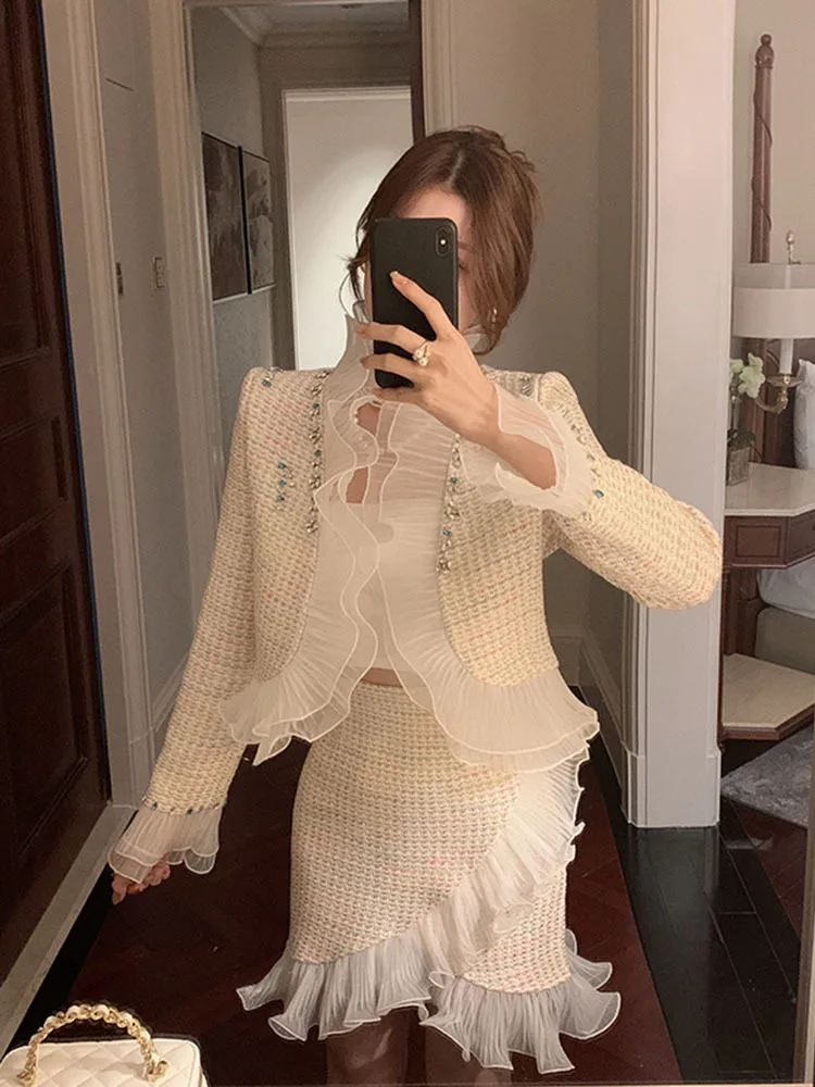 

Spring French Royal Style Ruffles Tweed Beaded Short Coat Women's Fashion Elegant High Waist Above Knee Skirt Two-piece Set