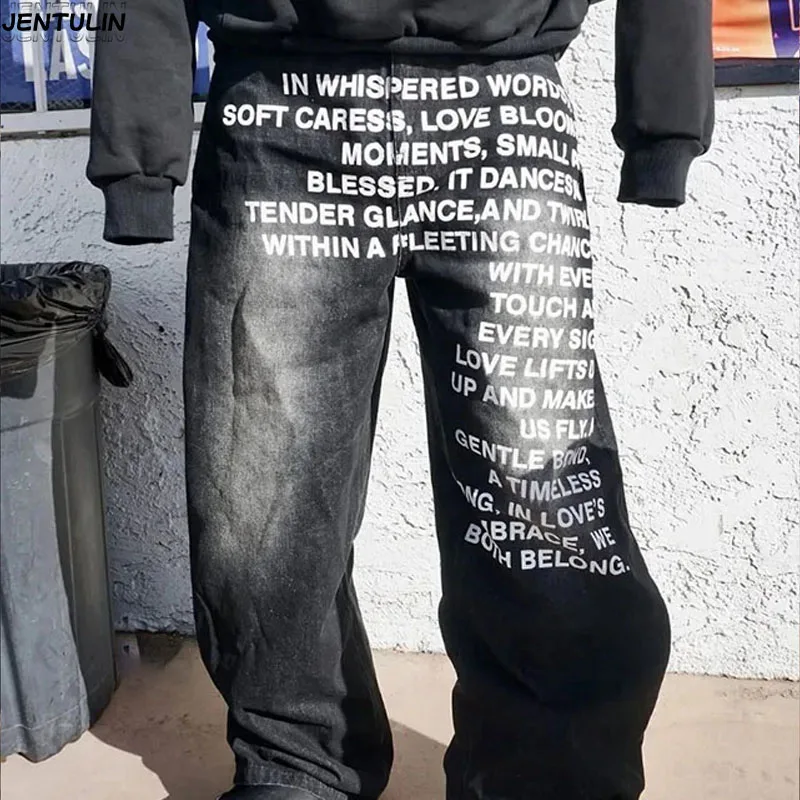 الأمريكية الرجعية منقوشة الأبجدية الرجال الجينز شخصية الشارع الملابس Y2K القوطي ملابس للرجال النساء بانت سراويل تقليدية الموضة #6