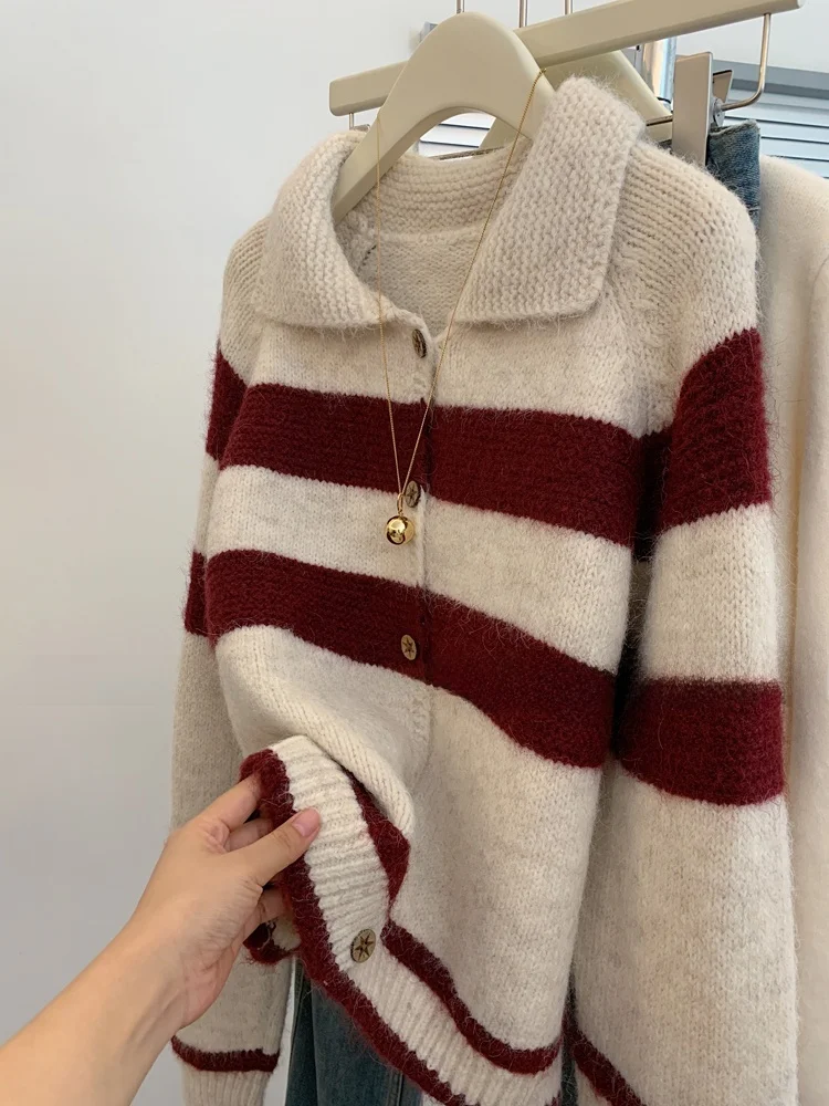 Koreaanse retro gestreept gebreid vest dames herfst winter verdikte kraag bovenkleding trui veelzijdig faionable