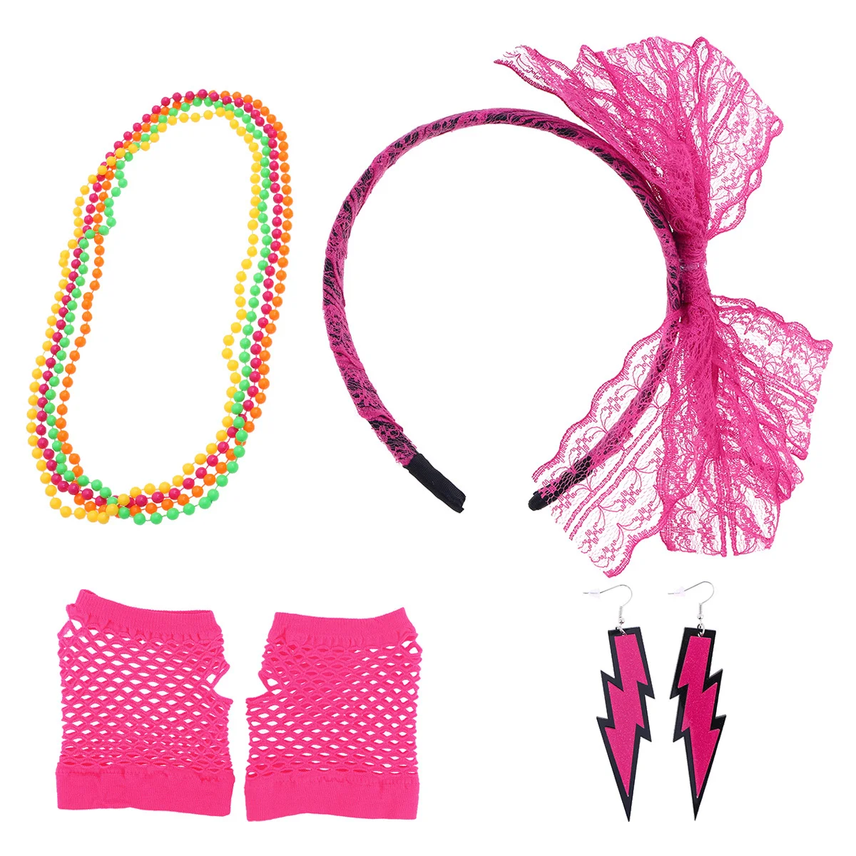 مجموعة إكسسوارات أزياء الثمانينيات من الدانتيل عصابة رأس بدون أصابع قفازات شبكية أقراط نيون قلادة لعصابة رأس من الدانتيل للحفلات