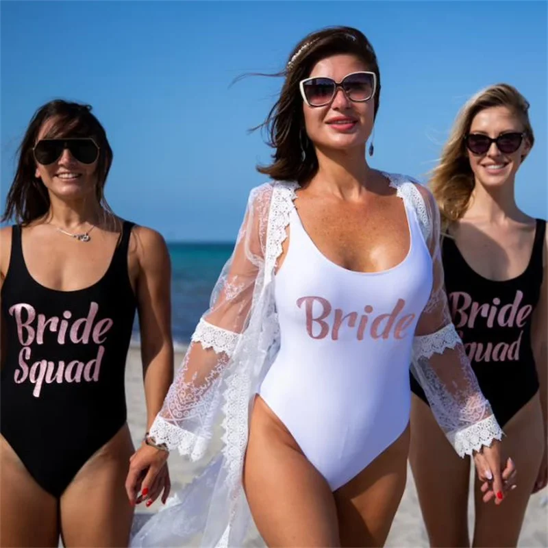 Personalized Bride Squad One Piece Swimsuit Bachelorette Swims Custom text Bride Squad, Squad Swimsuit  Team Bride ,Bridesmaids