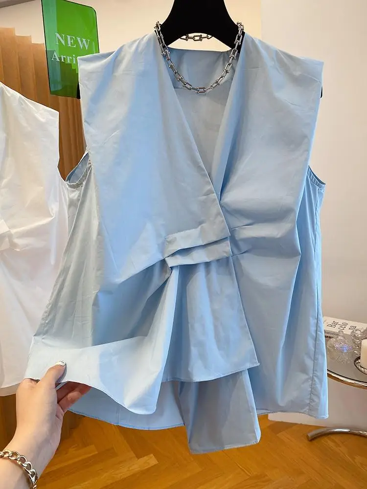 

Женская синяя короткая плиссированная повседневная блузка большого размера, новая рубашка без рукавов с v-образным вырезом, модная летняя одежда