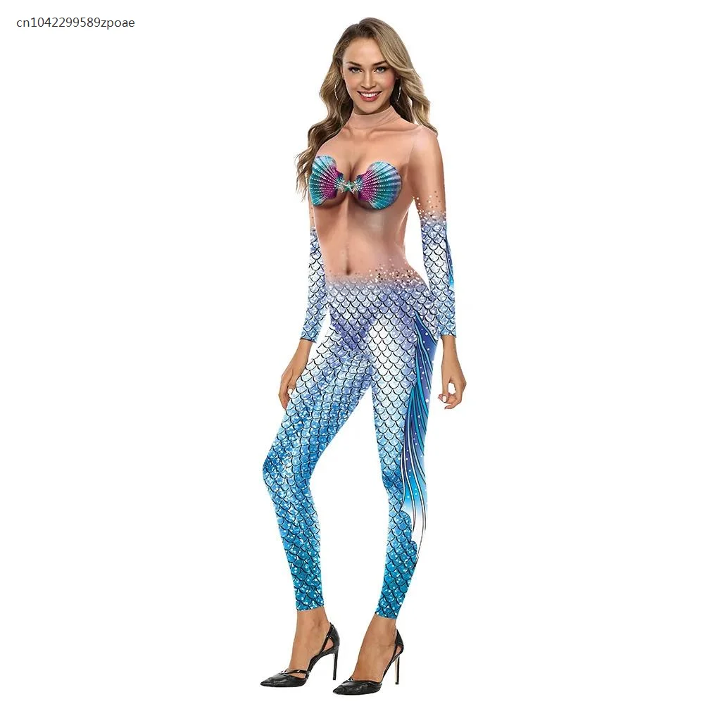 Mermaid Cosplay Costume para mulheres, macacão sexy magro, 3 cores, impressão colorida, roupas de festa, moda Catsuits