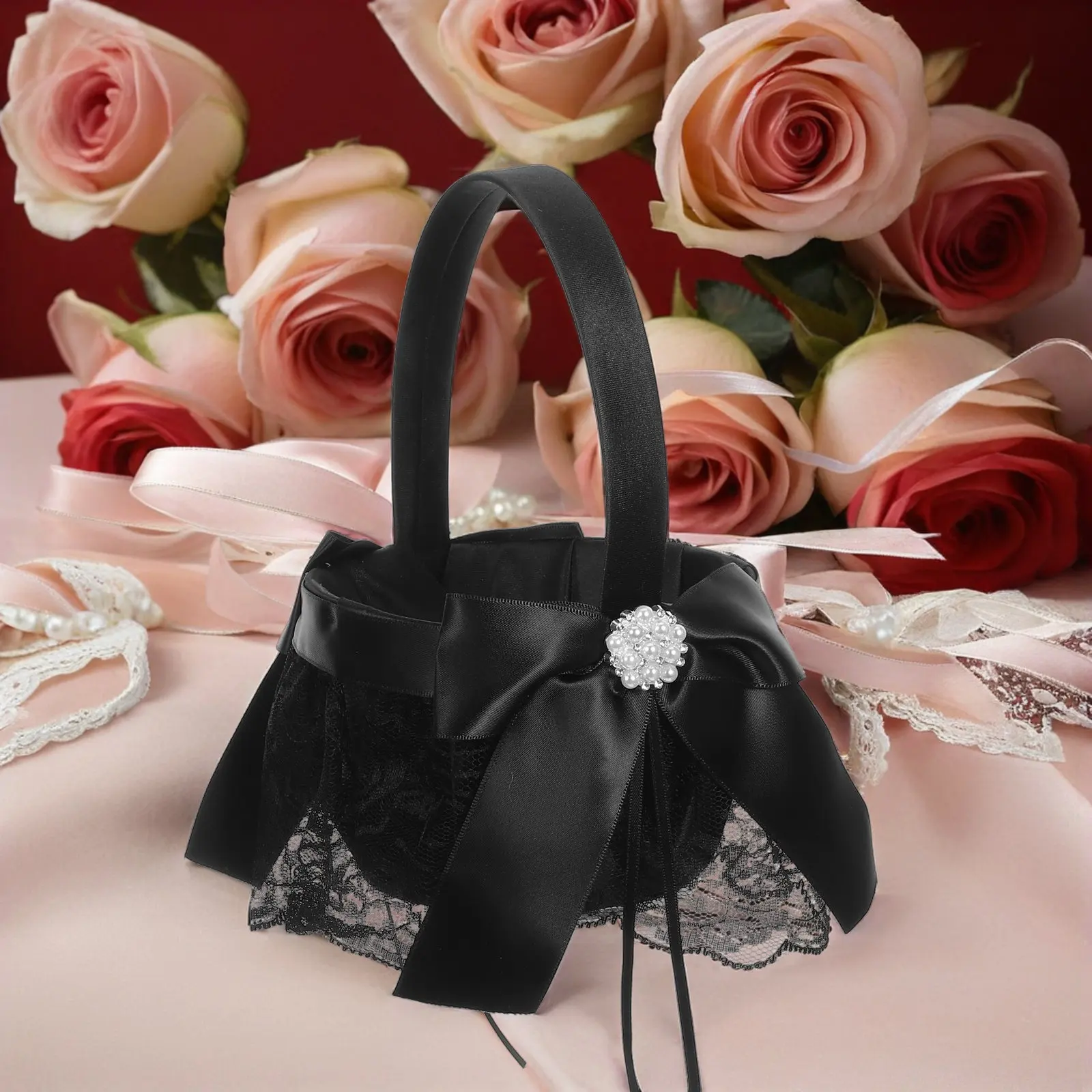 Elegant Black Flower Basket Wedding Floral Basket with Sturdy Handle for Petal Tossing Ceremony Bridal Shower Decor