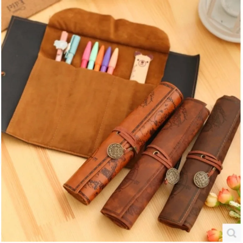 

Creative Treasure Map Storage Pen Bag Vintage Canvas Leather Large Capacity Roller Pen Bag Curtain Student Supplies