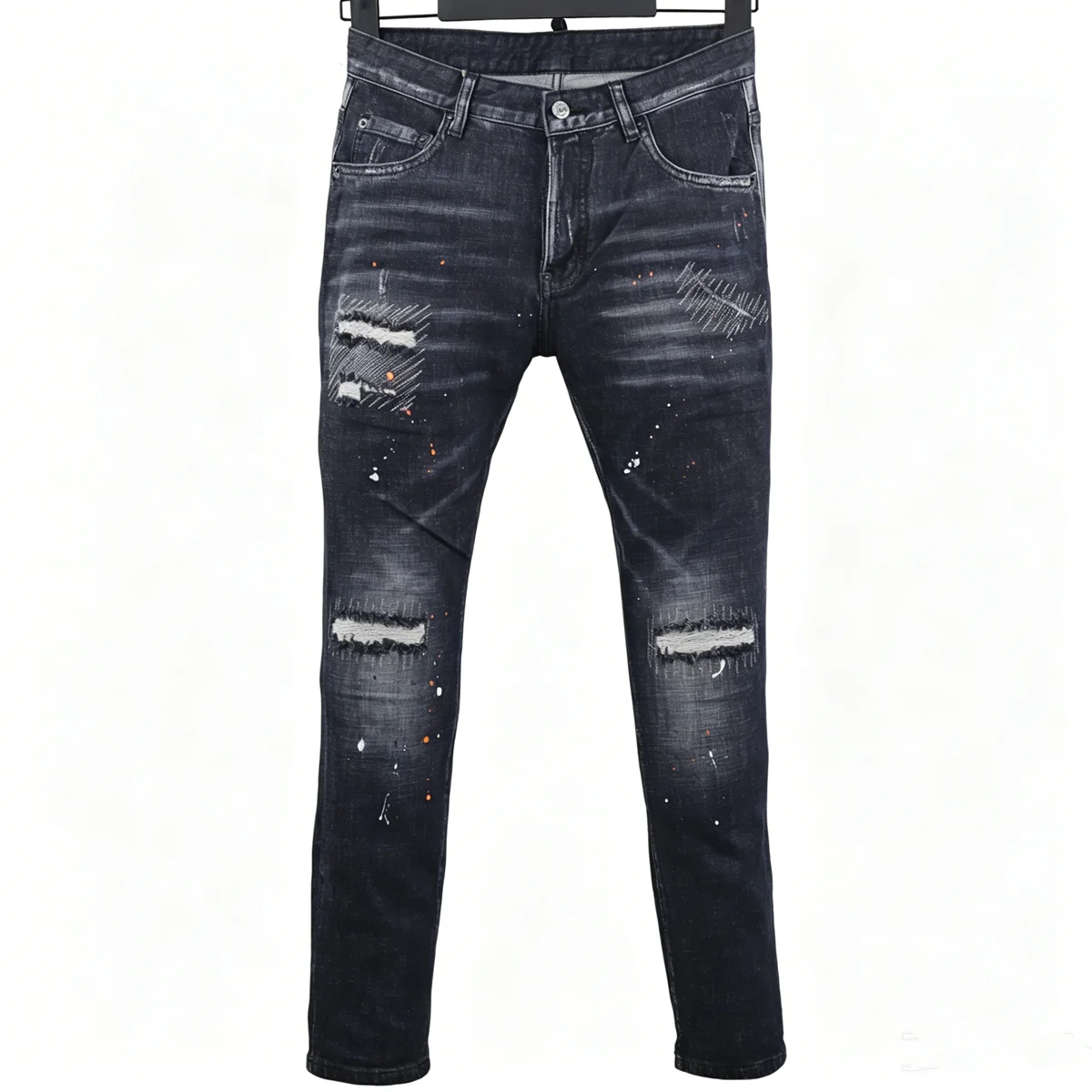 

6078 Four Seasons New Men's Jeans Slim-fit Ripped Patch Line All-match Splash Ink Black Men's Jeans