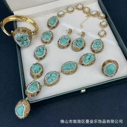 New turquoise inlaid tourmaline color treasure four-piece set, retro new Chinese design jewelry factory direct wholesale