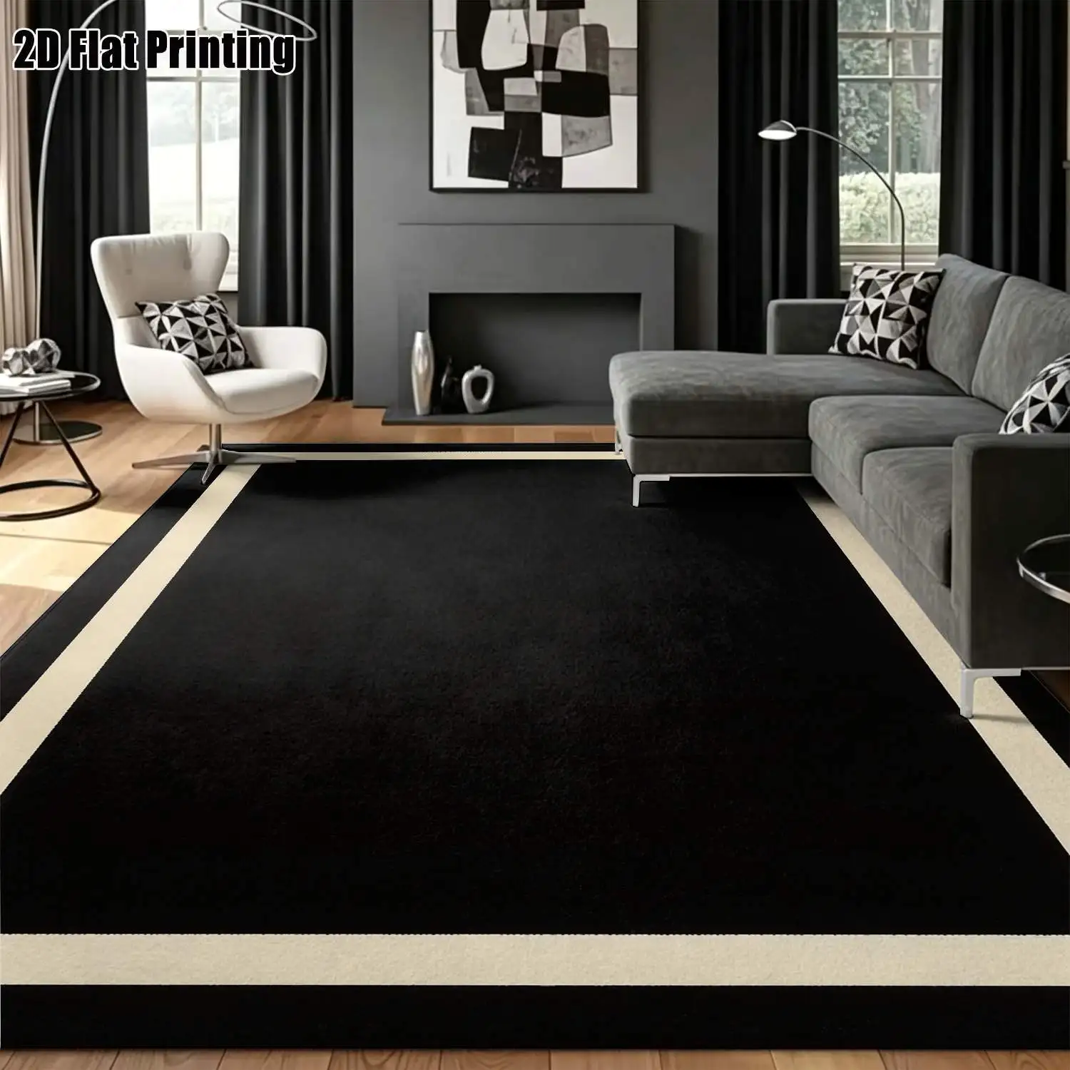 1Pc 2D Printed Carpet: Black Base, White Border, Geometric Patterns Nordic Style, Suitable for Modern Minimalist Interiors, Great for Instagram Decor, Available in Multiple Sizes, Machine Washable, Multi-Scene Use.