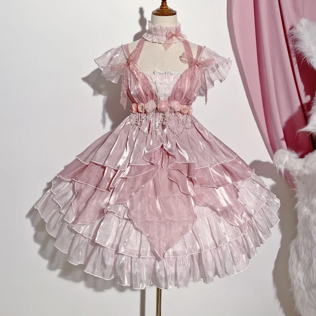 Wiktoriańska sukienka Vintage Lolita Jsk Kobiety Elegancka koronka w kwiaty Perłowy łańcuszek Sukienki księżniczki Dziewczyna Śliczna różowa sukienka na wesele