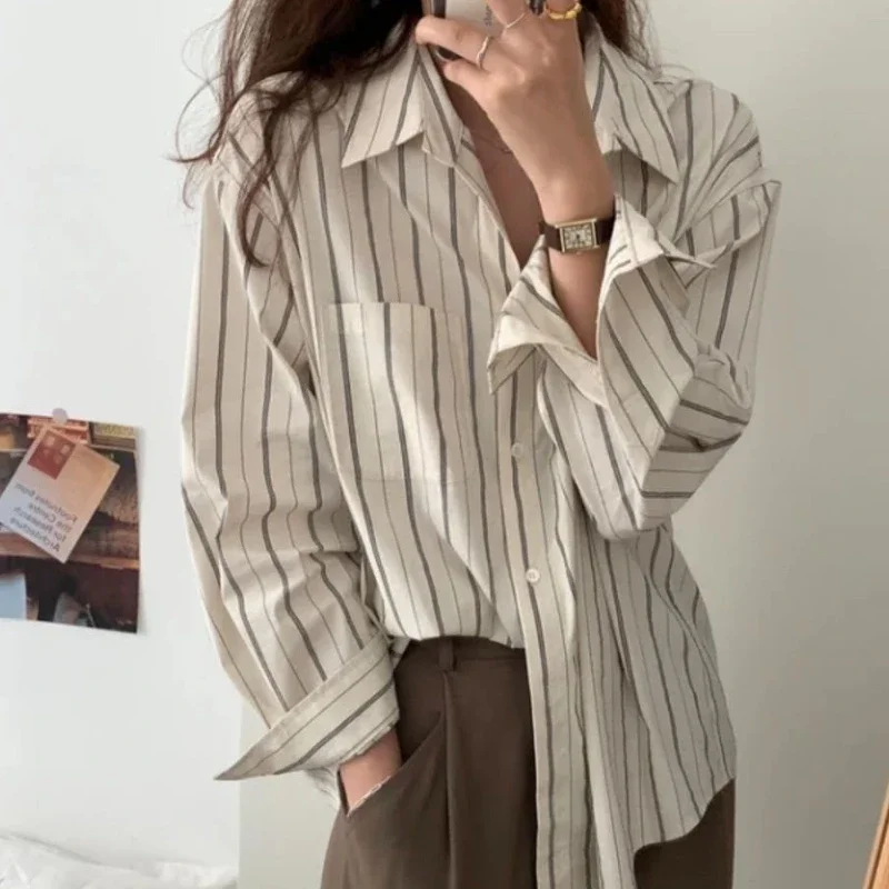 Shirts Women Spring Daily Leisure Striped Simple Single Breasted Soft Vintage Fashion Korean Style Elegant Sweet All-match Teens