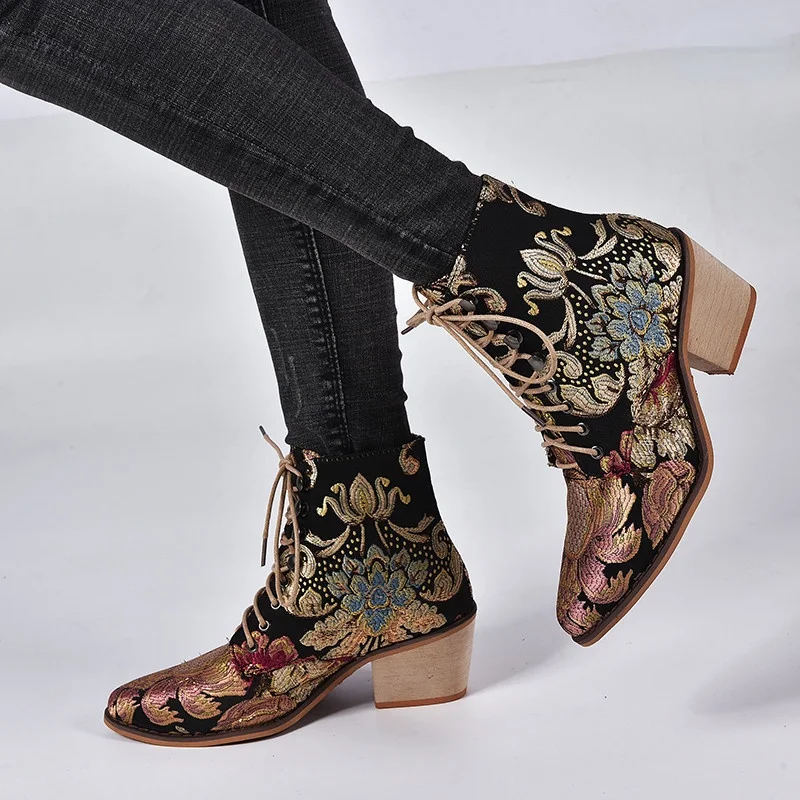 Retro Bohemian Women Ankle Boots Embroider Wedge Booties Vintage Ladies Winter Shoes Woman Pumps 2023 New High Heels Boots