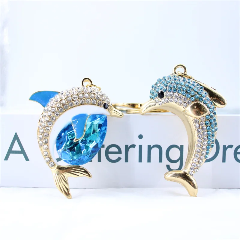 Trendy Blue Dolphin Crystal Rhinestone Keychains Cartoon Marine Animals Enamel Key Rings Kawaii for Fashions Women Girl Jewelry