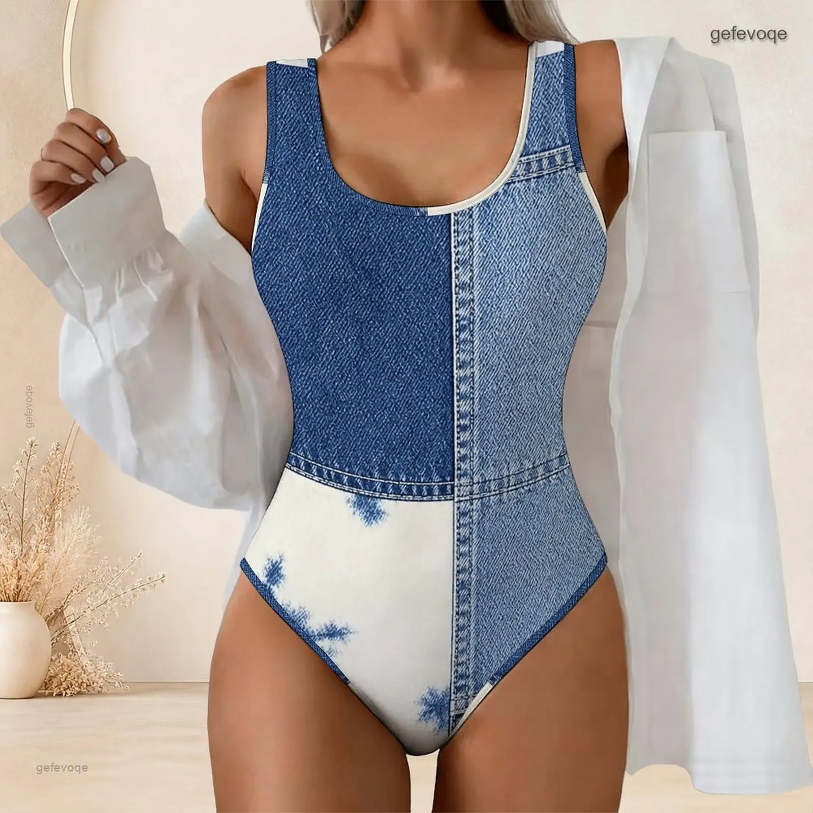 Printed Swimsuit for Women Scoop Neck Wide Straps One Piece High Cut