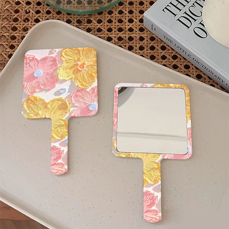 Peinture à l'huile Portable Adorable sac à main de maquillage à main miroir fleur carré miroir cosmétique Ins Style outils de maquillage idéaux femme