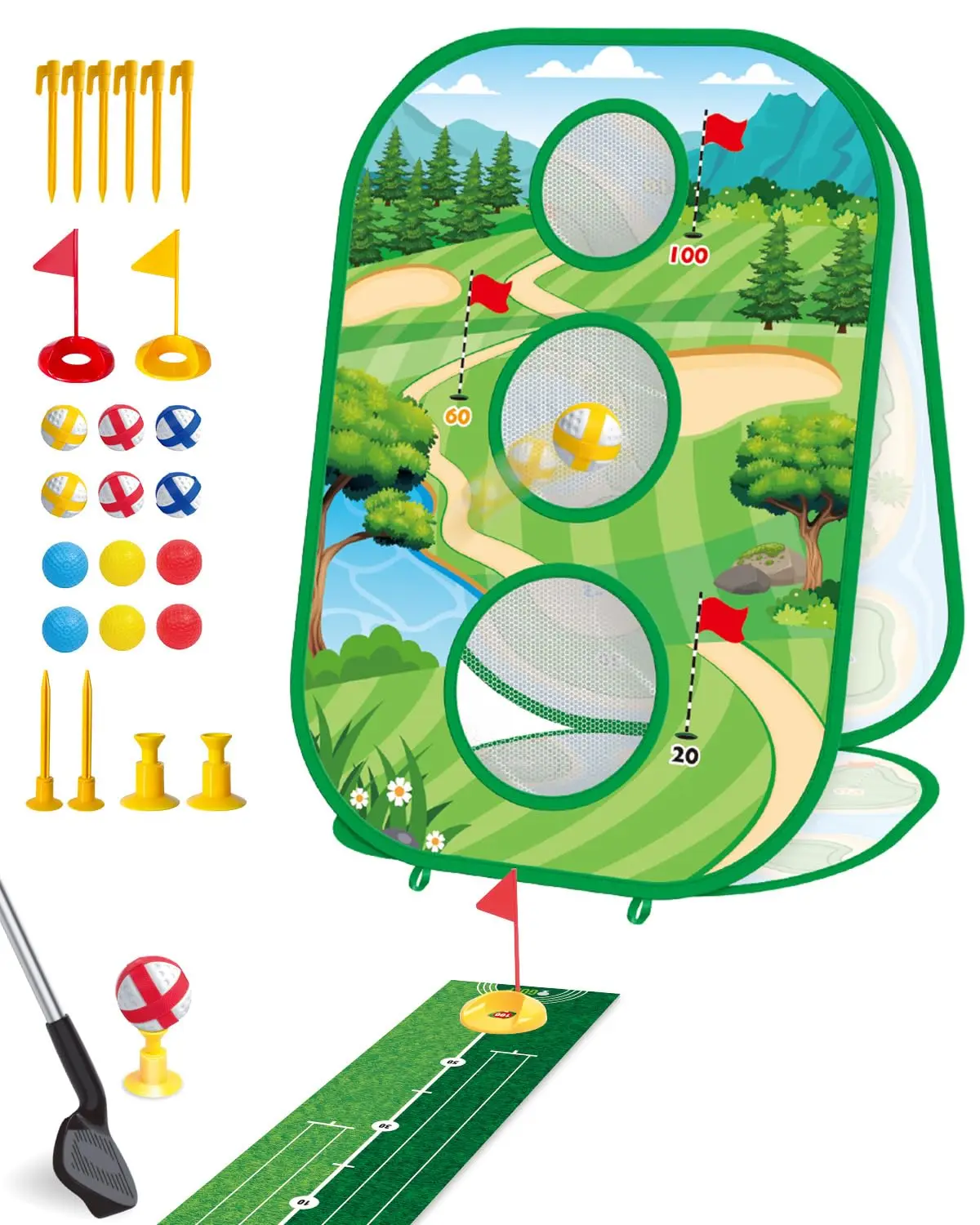 4 In 1 Kids Golf Games Set Golf Putting Practice Mat 3-Sided Golf Chipping Net with Club Kid Adults Multiple Modes Golf Practice