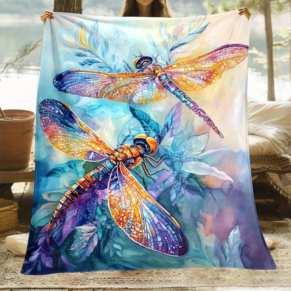 Colorful Dragonfly Print Portable Blanket, Soft and Warm Digital Printed Fleece Fabric for Sofa, Bed, Travel, Camping, Office