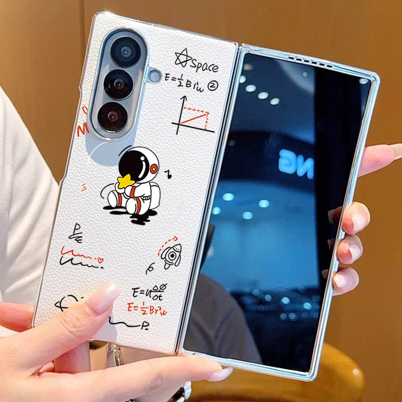 Astronaut Pattern PU Leather Phone Case For Samsung Galaxy Z Fold 7 6 Fold7 Fold6 Fold5 Silver Plating Frame Hard Folding Cover