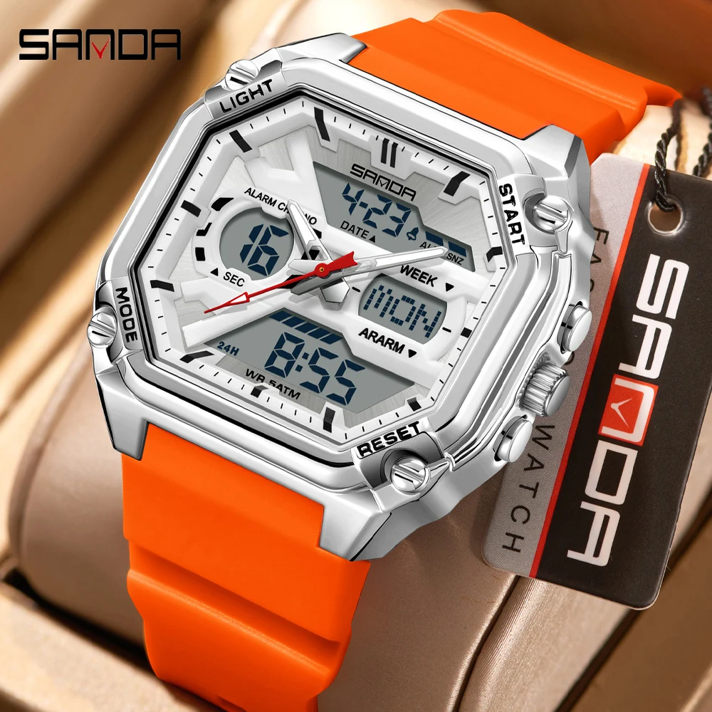 SANDA Fashion Digital Male Clock LED Luminous Week Date Military Quartz Men Watch Dual Time Business Electronic Men's Watches