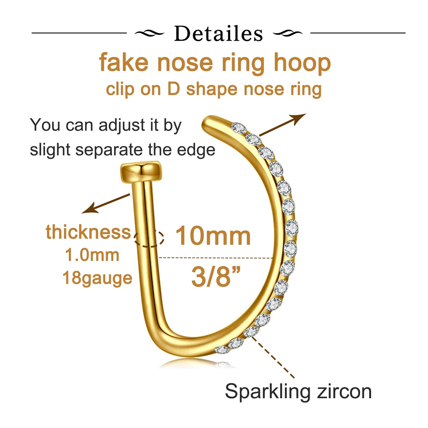 18G D-Shape Nose Rings CZ Septum Hoop Studs for Women Men Hypoallergenic Piercing Jewelry with Zircon 1pcs/6pcs
