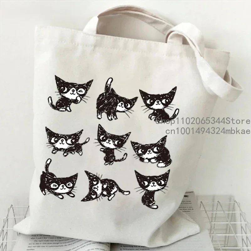 Women Canvas Handbags Funny Cats Print Female Reuseable Shopping Bag Student Cartoon Cute Kitten Tote Bags Woman Shoulder Bag