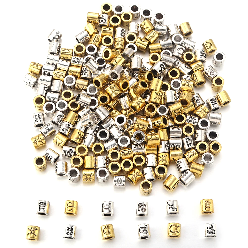 60pcs/lot Twelve Constellations Beads Alloy Beads Big Hole Tube Beads Spacer Loose Beads For Jewelry Making DIY Accessories