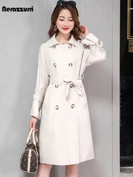 Nerazzurri Autumn Long Spandex Trench Coat for Women Raglan Sleeve Sashes Double Breasted Female Outerwear Korean fashion 2022