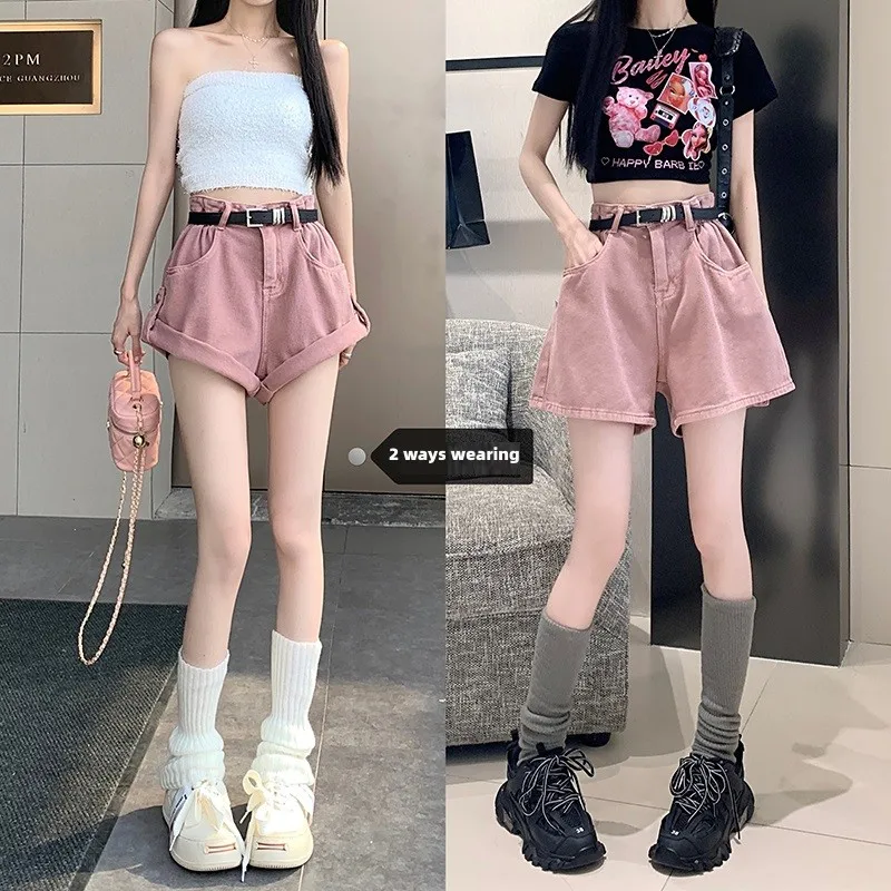 

S-XL Women's Mini denim short high waist female casual summer ladies Pink 2 way wearing shorts jeans for womens(L8983