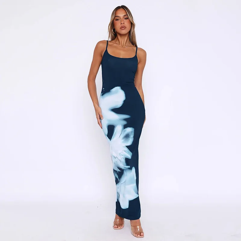 

Spring Blue Printed Camisole Maxi Dress Beach Outfits For Women 2024 Sexy Backless Bodycon Long Dress Vacation Sundress Vestidos