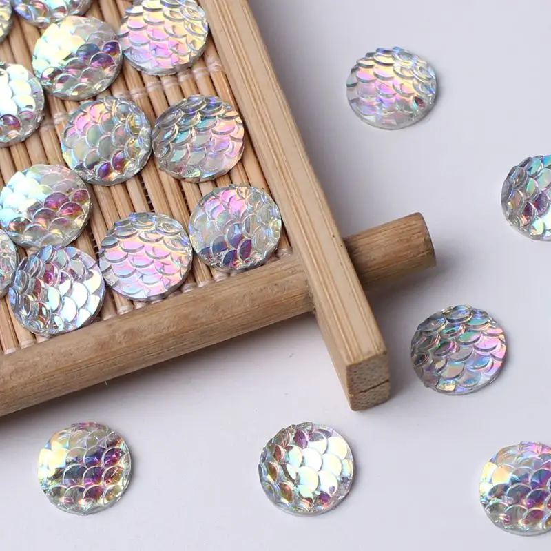 10mm 100Pcs Fish Scale Surface Facets Is Circular Style Resin Rhinestone Flat Back For Mermaid DIY Handmade Jewelry Accessories