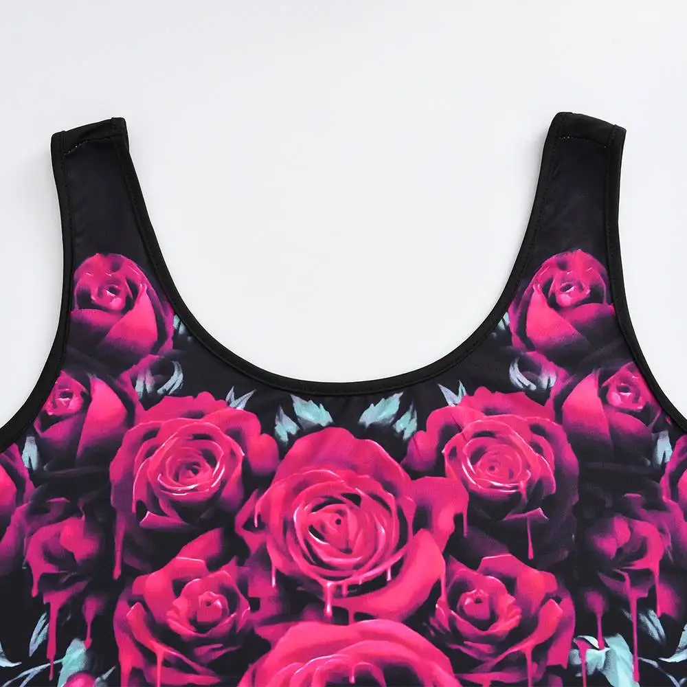 Plus Size L-5XL Tops Women Vest Dark Rose Printed Lace Stitching Loose Camisole Summer New Casual Sleeveless Gothic Tank Female