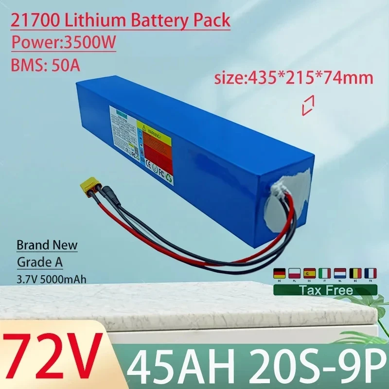 72V 50Ah 40Ah 30Ah 20Ah 21700 lithium battery pack with built-in BMS 0-3500W motor high-power rechargeable battery tax exempt