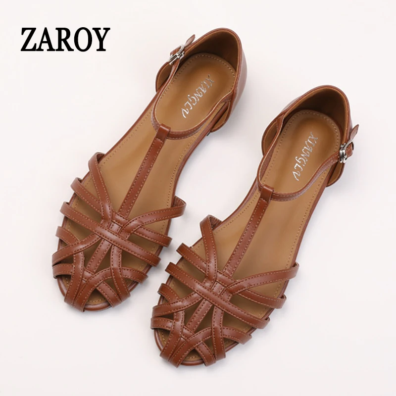 ZAROY Summer Cross Strap Flat Sandals Women Round Toe Ankle Buckle Hollow Casual Roman Sandalia Zapatos De Mujer сандали