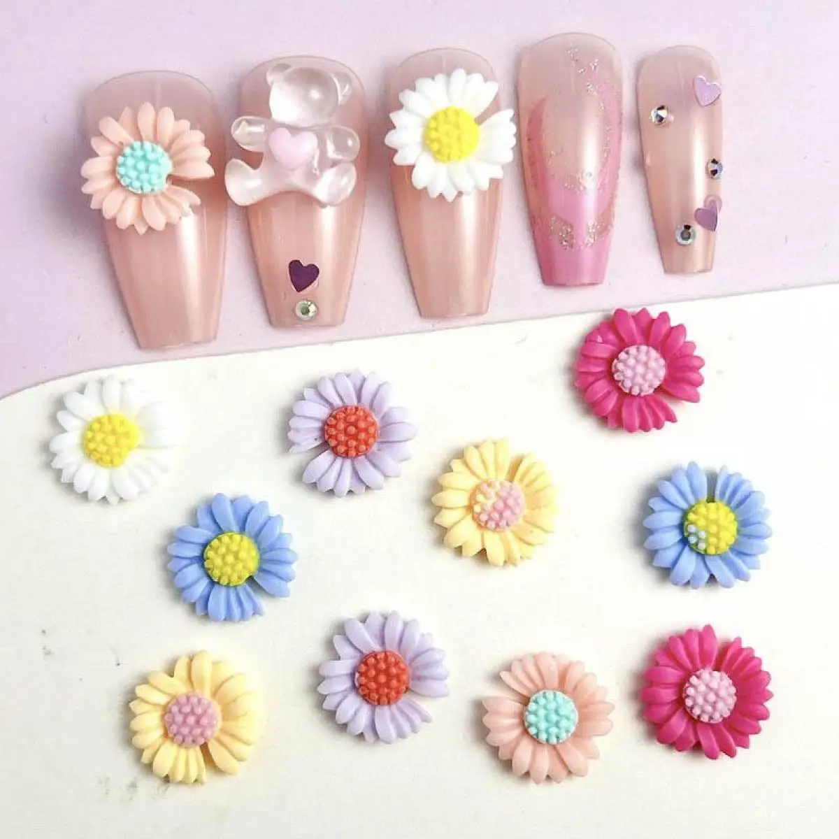 Mixed Resin Dopamine Colored Daisy Nail Art Decoration 3D Cartoon Cute Flower Nail Charms Accessories Supplies For Manicure DIY