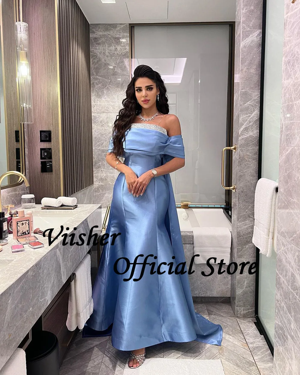 Viisher gaun malam putri duyung biru untuk wanita gaun malam Formal panjang Satin manik-manik gaun acara perayaan Arab Dubai