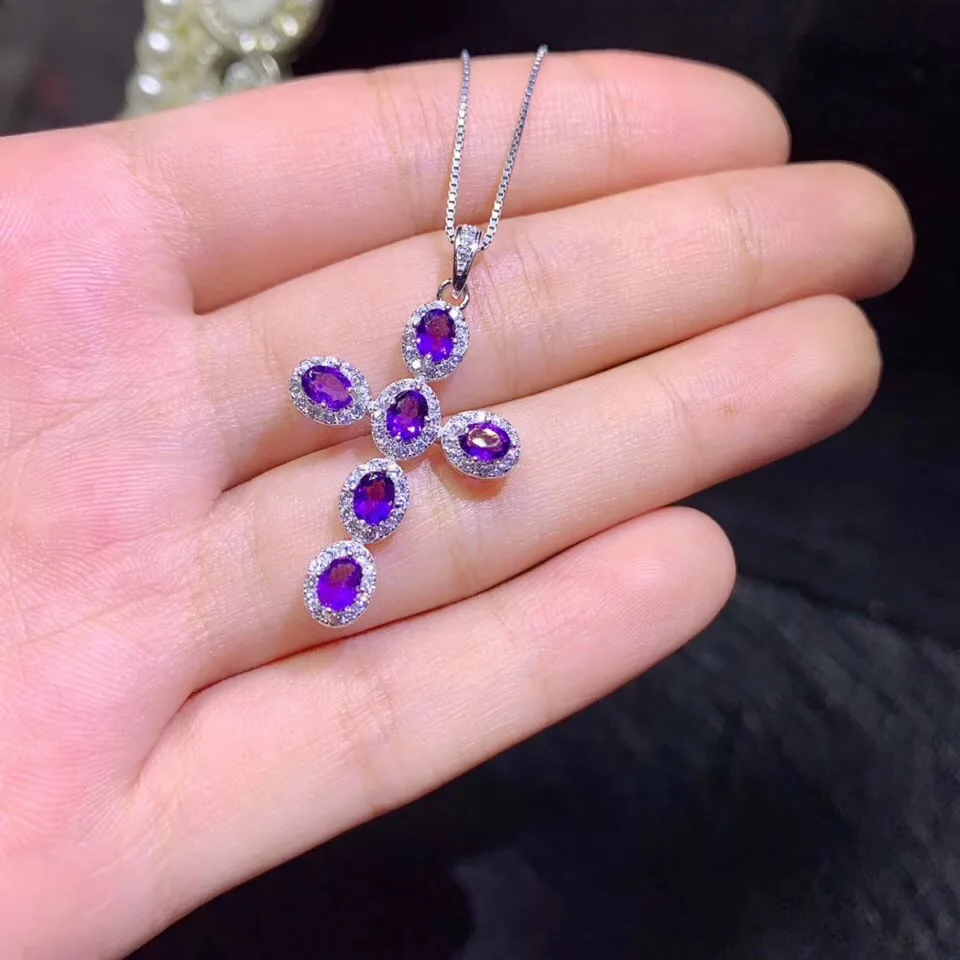 925 Sterling Silver Amethyst Cross Necklace Chain Jewelry Energy Gemstone Pendant Necklace for Women Gift luxury
