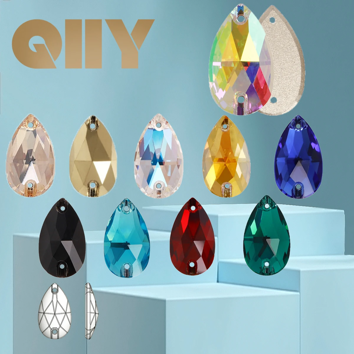 QIIY Drop Top Qualität K9 Glas Aufnähbare Kristall AB Strass-Steine zum Aufnähen, Flache Rückseite, für Kleidung, Accessoires, Kleider