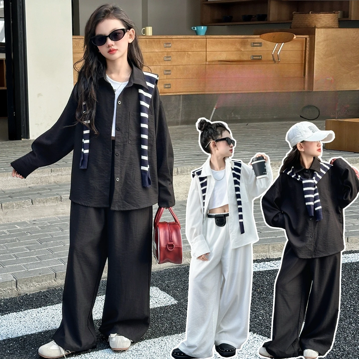 

autumn 4-14 teen girls lazy clothes set white black shirt+shawl+wide leg pants 3pcs western-style junior kids suit child outfits