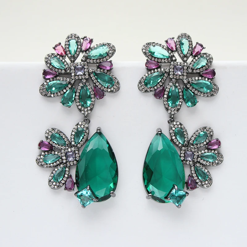 Green Flower Earrings for Women Luxury Jewelry Accessories Zircon Wedding Evening Earrings Water Drop Female Gift