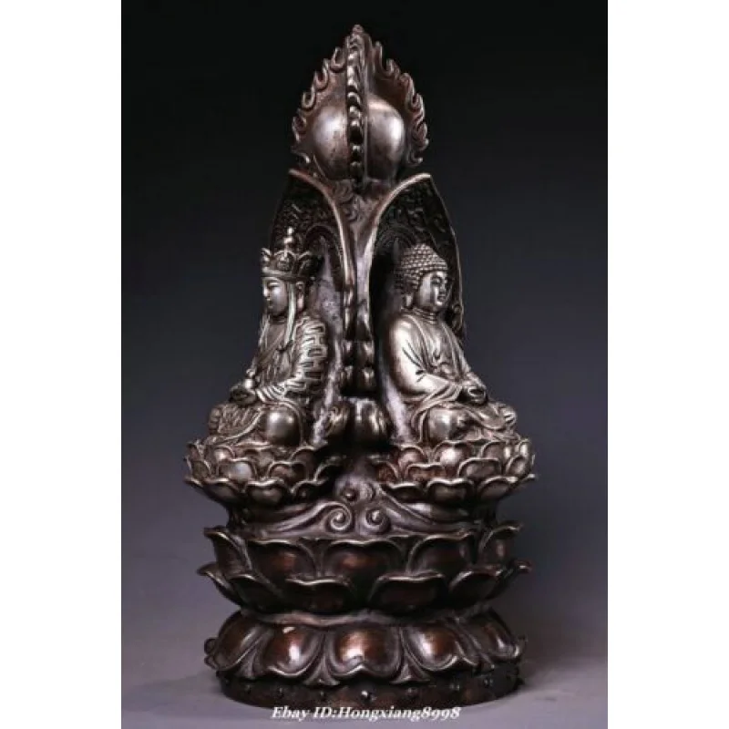 Old Tibet Bronze Silver Buddhism Western Shakyamuni Buddha Kwan-yin God Statue